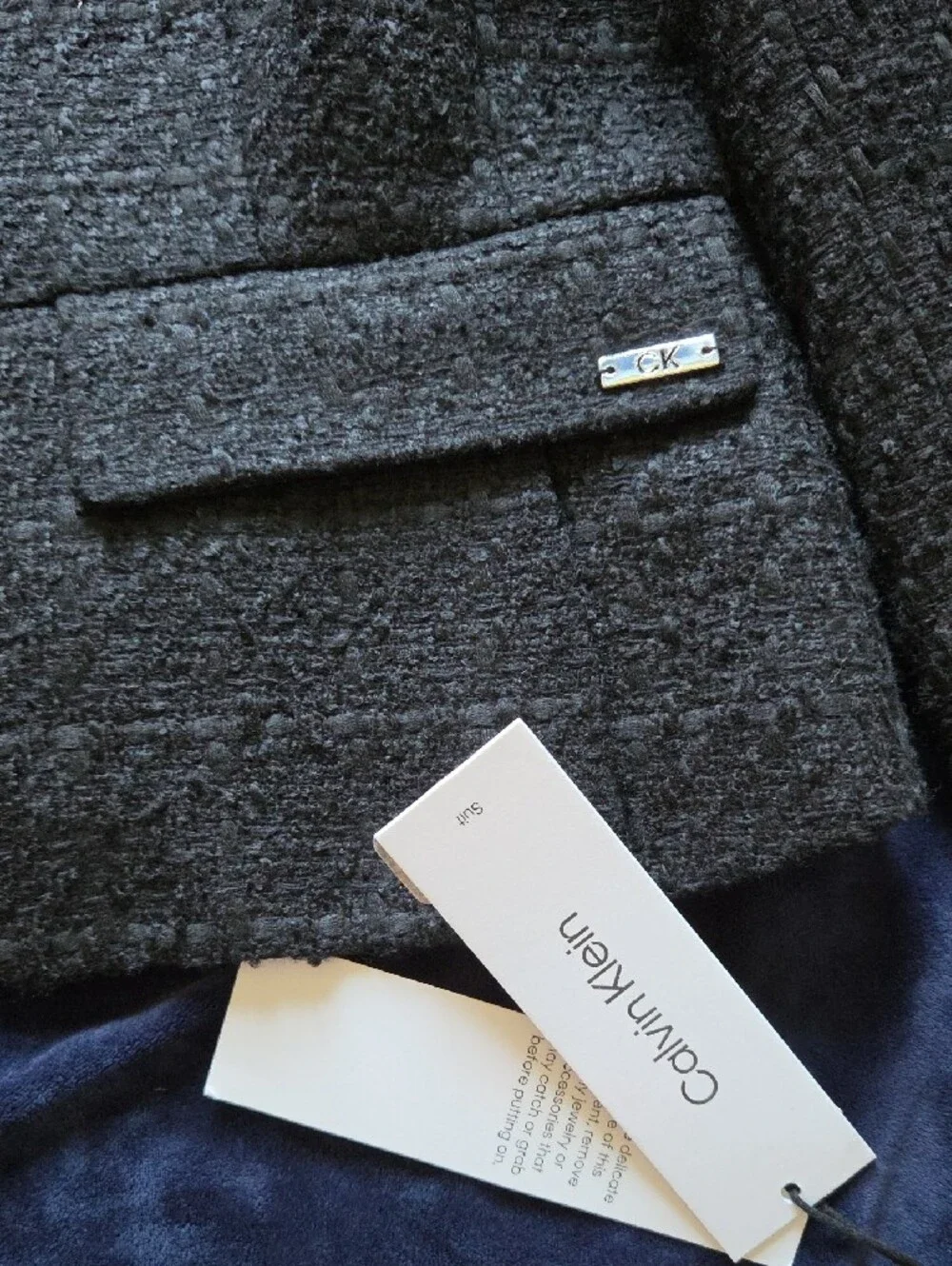 Calvin Klein Black Tweed Collarless Zip Blazer